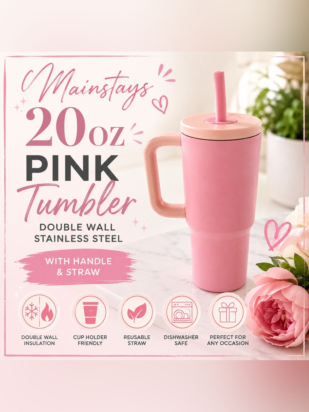 Mainstays 20 oz Pink Stainless Steel Double Wall Insulated Tumbler with Handle